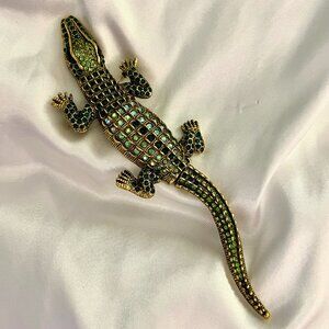 🧷Vintage XL Lizard Brooch with Moving Tail - Green Rhinestone and CZ